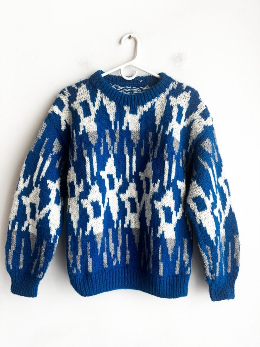 Vintage Wool Blend Blue Geometric Print Colourful Pullover S/M